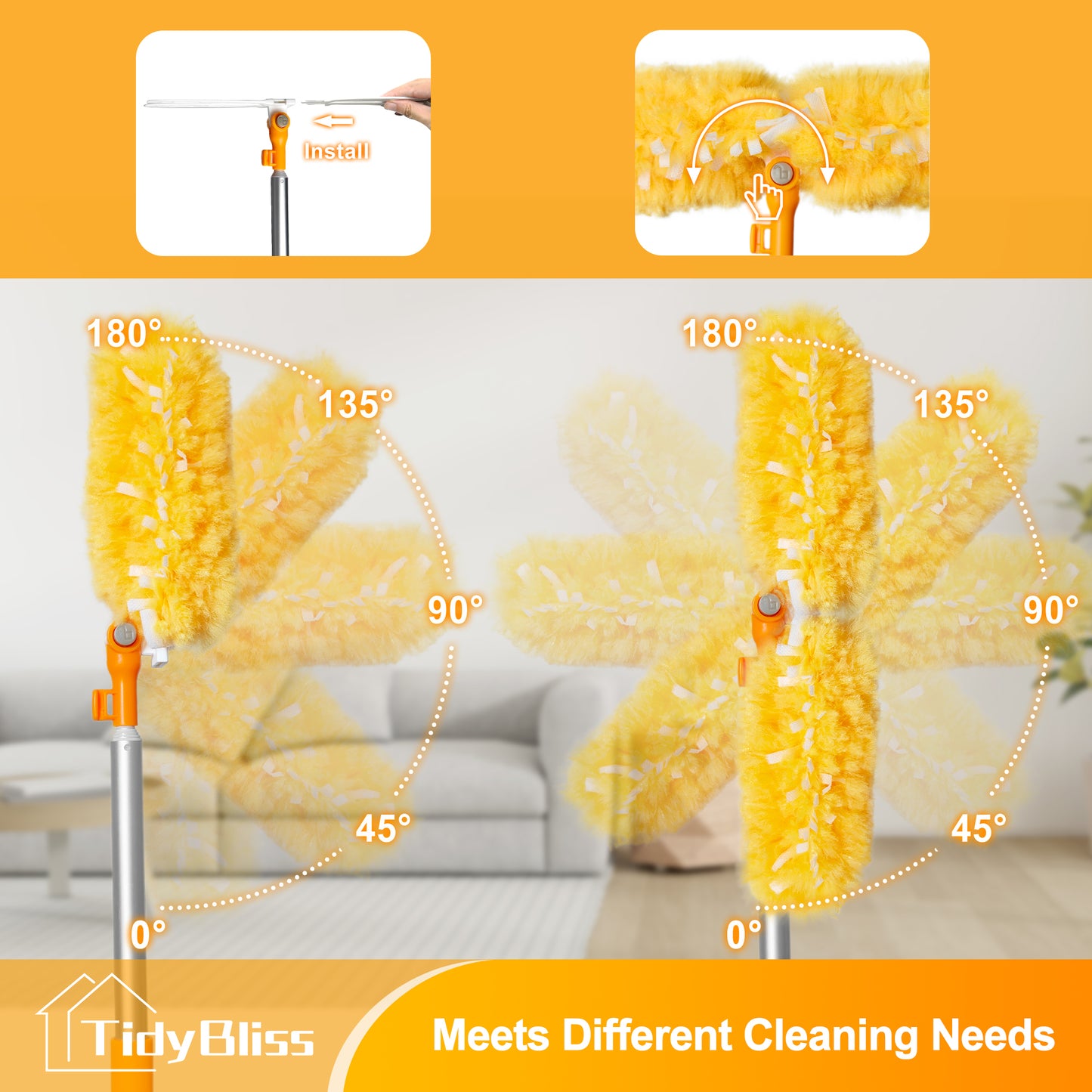 TidyBliss Dusters for Cleaning with Extension Pole 70 inches and 10 Refills (Orange)