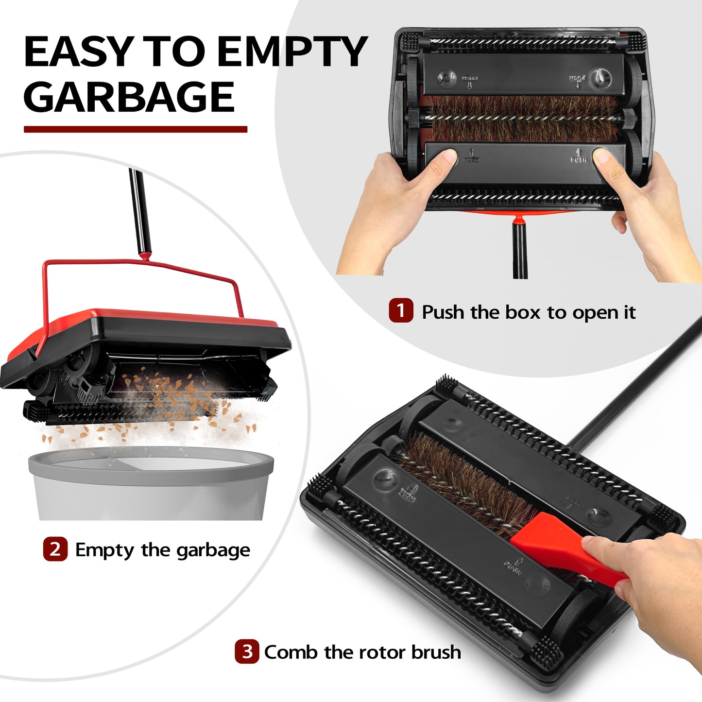 JEHONN Carpet Floor Sweeper with Horsehair Brush, Adjustable Handle, Red, Non-Electric, Manual