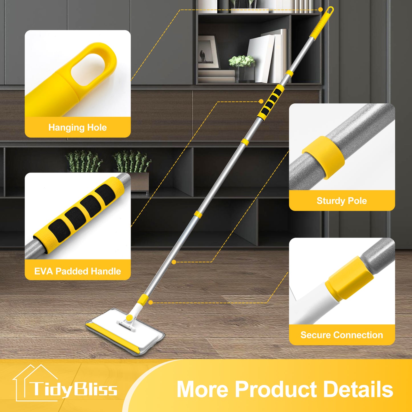 TidyBliss Baseboard Cleaner Tool, Wall Mop with 55.9" Long Handle (Yellow)