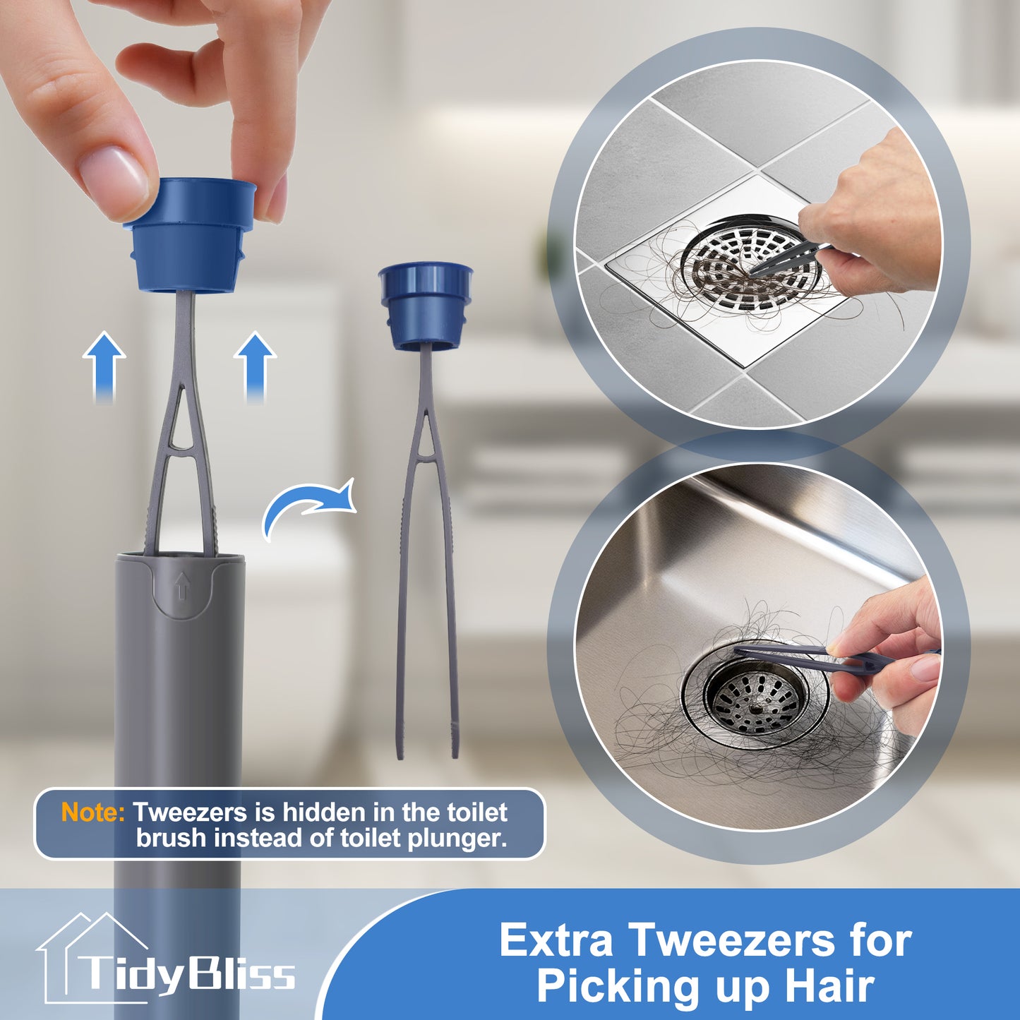 TidyBliss Toilet Brush and Plunger Set with Hidden Tweezers (Blue)