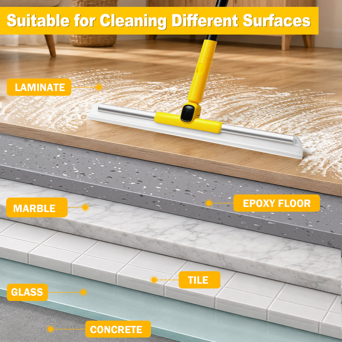 NEWE Silicone Floor Squeegee Broom for Shower Glass, Tile (Yellow)