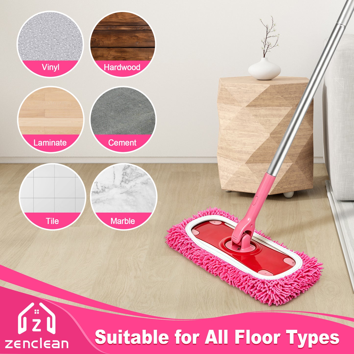 ZenClean Reusable Microfiber Mop Pads 6 Pack Compatible with SwifferSweeper Mop for Wet & Dry Floor Cleaning (Pink)