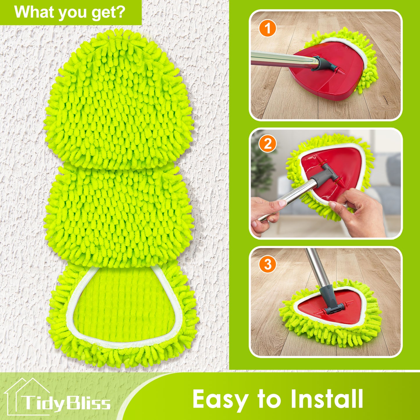 TidyBliss Microfiber Mop Head Replacement 3 Pack Compatible with RinseClean 2 Tank System (Green)