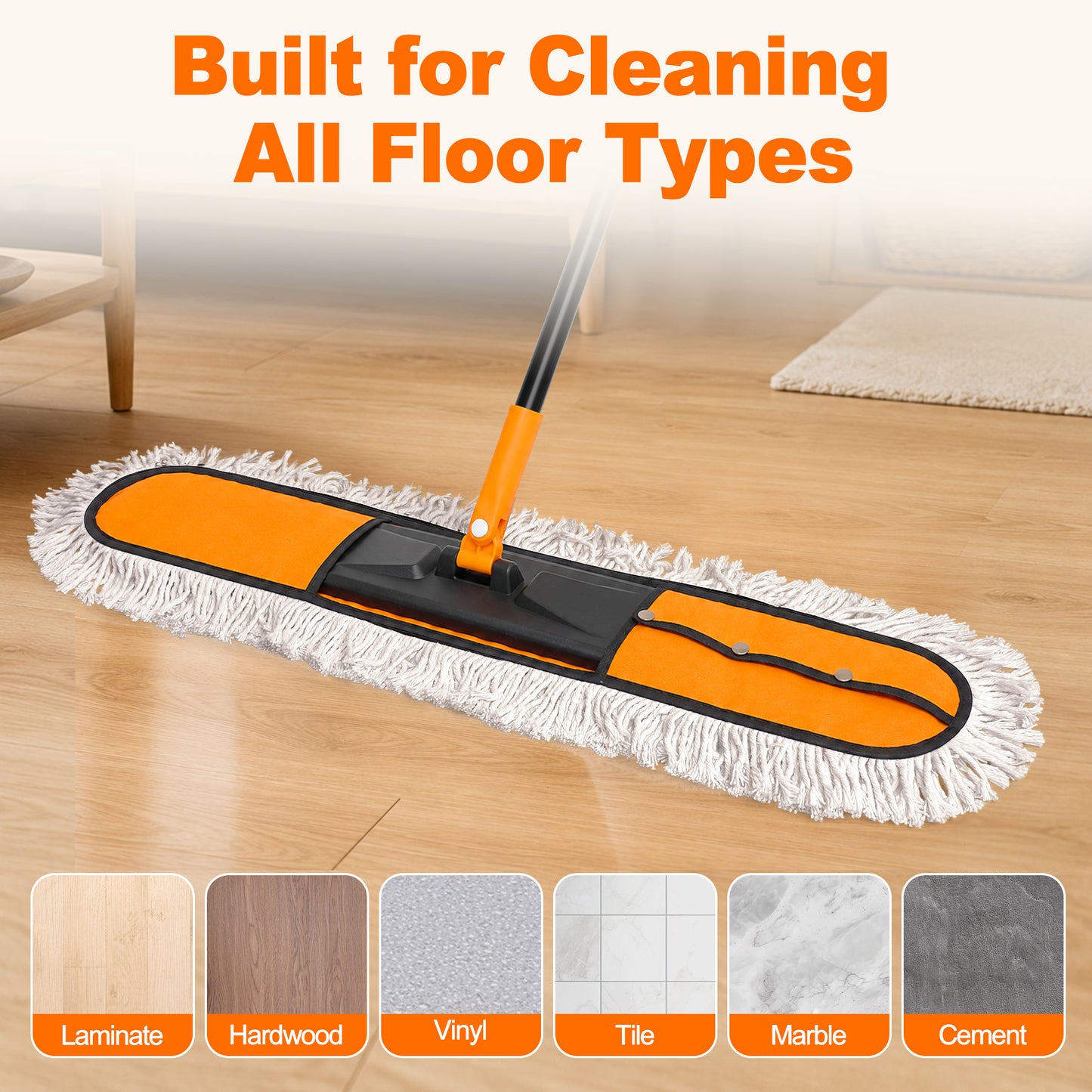 JEHONN 2-in-1 Commercial Dust Mop with 24" & 36" Microfiber Pads (Orange)