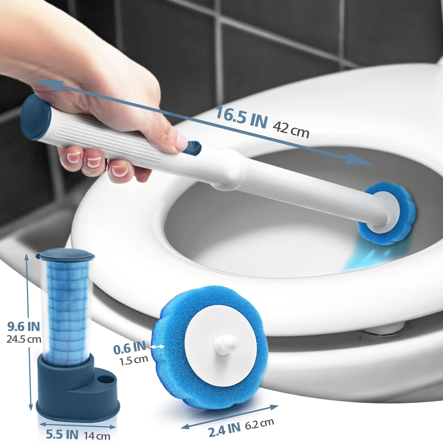 NEWE Disposable Toilet Brush with 42PCS Cleaner Refills, Toilet Bowl Wand Holder Set with Tweezers (Blue)