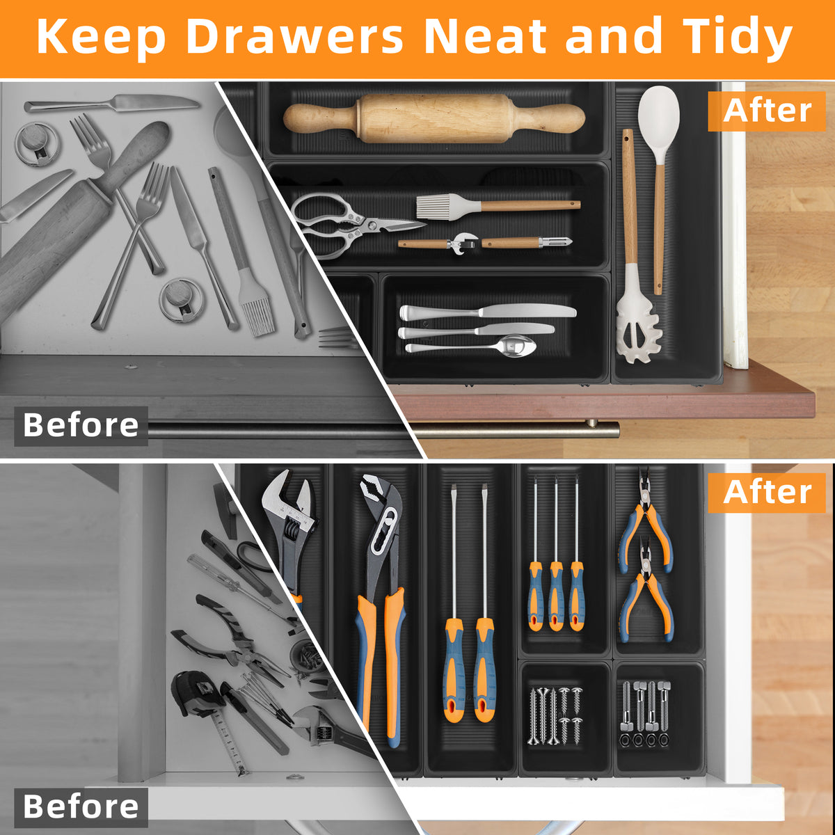 JEHONN Silverware Organizer, Utensil Drawer Tray for Kitchen Flatware Cutlery for Spoons Forks Knives (Black)