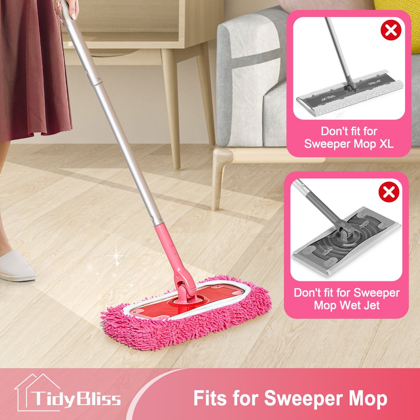TidyBliss Reusable Microfiber Mop Pads 6 Pack Compatible with Sweeper (Pink)
