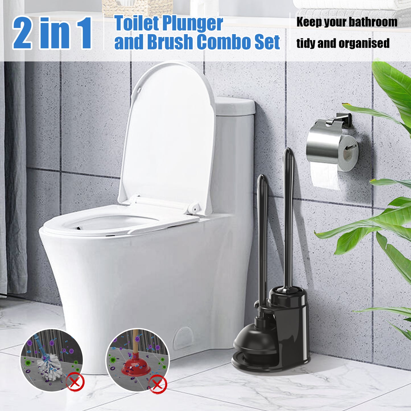JEHONN Toilet Plunger and Brush Set Black with Holder and Hidden Tweezers
