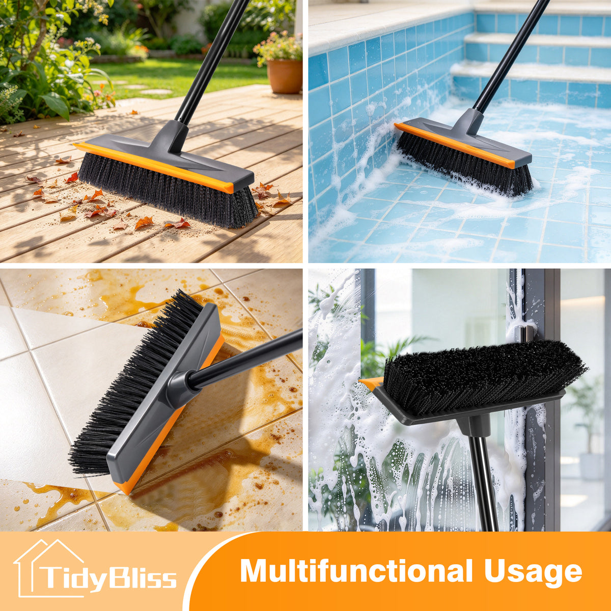 TidyBliss Floor Scrub Brush with 56” Long Handle & Crevice Brush (Orange)