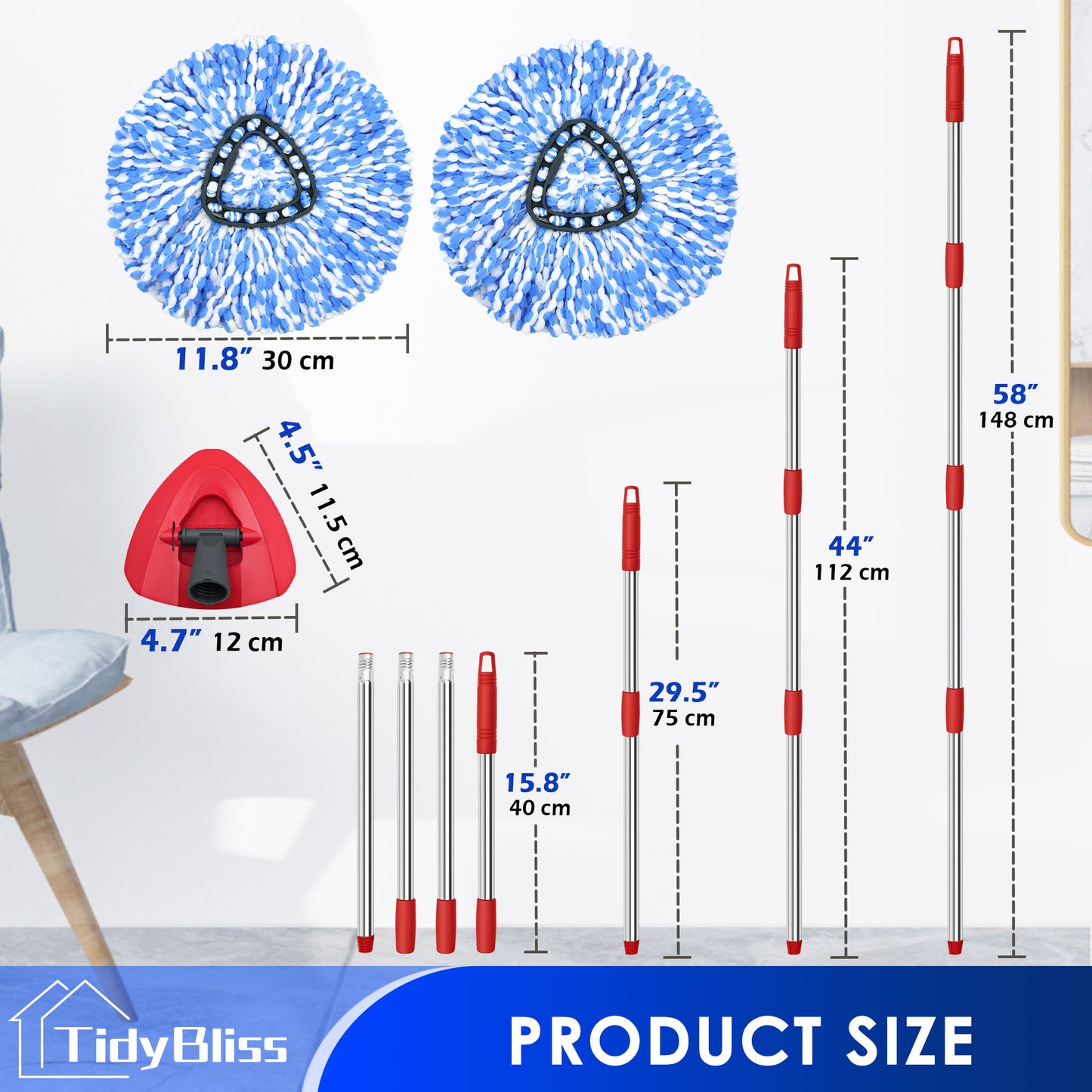 TidyBliss Spin Mop Replacement Heads 2 Pack with Triangle Base and 58 inches Long Handle for O-Cedaar RinseClean 2 Tank System