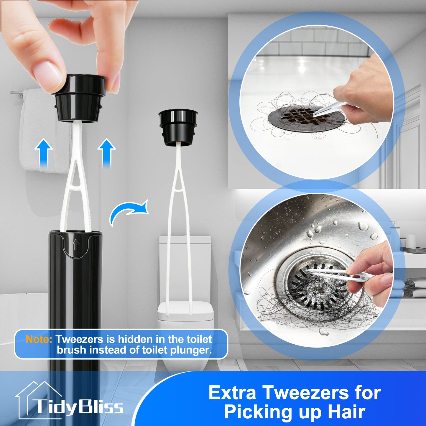 TidyBliss Toilet Brush and Plunger Set with Hidden Tweezers(Black)