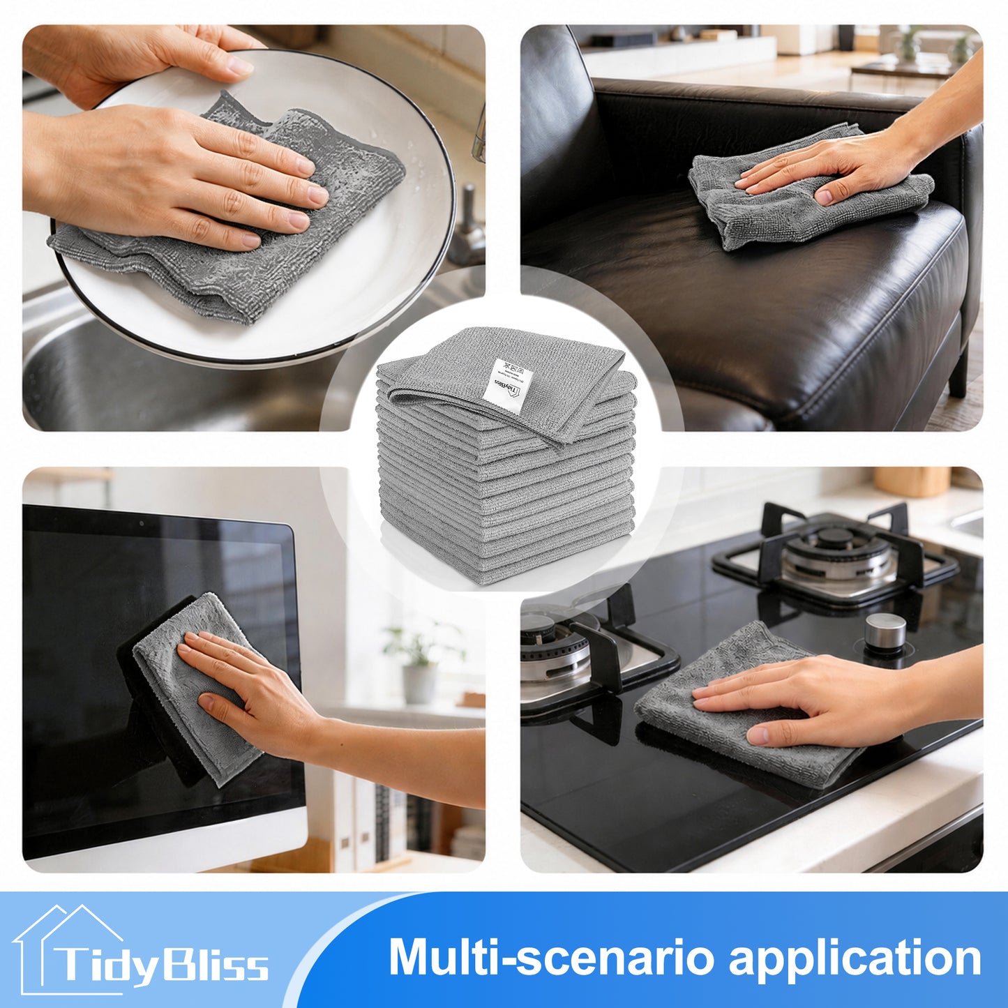 TidyBliss Microfiber Cleaning Cloths 12 Pack, Ultra Absorbent Lint-Free Towels (Grey)