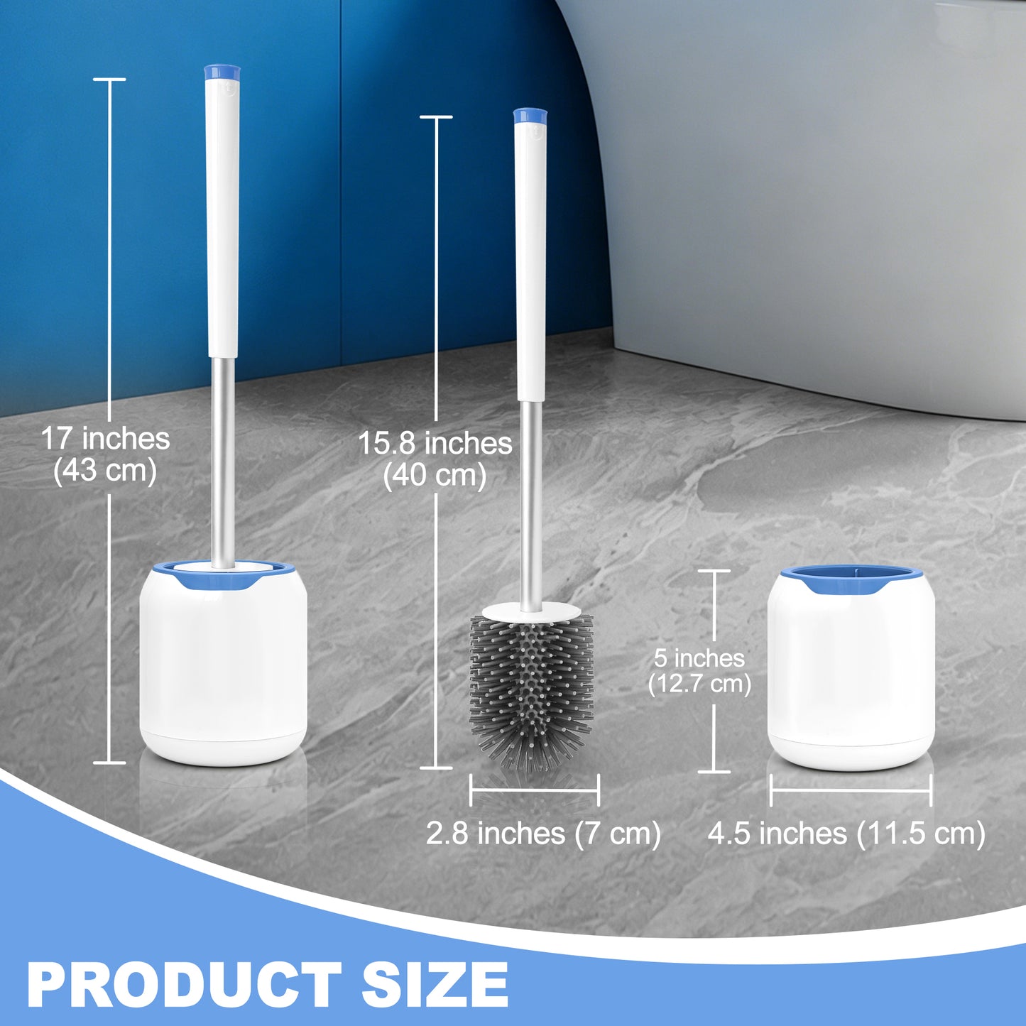 NEWE Silicone Toilet Brush with Holder Set, Aluminum Handle, Built-in Tweezers (White)