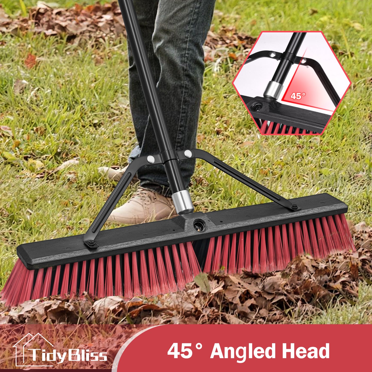 TidyBliss 24" Push Broom Outdoor Heavy Duty with 63 inches Long Handle (Red)
