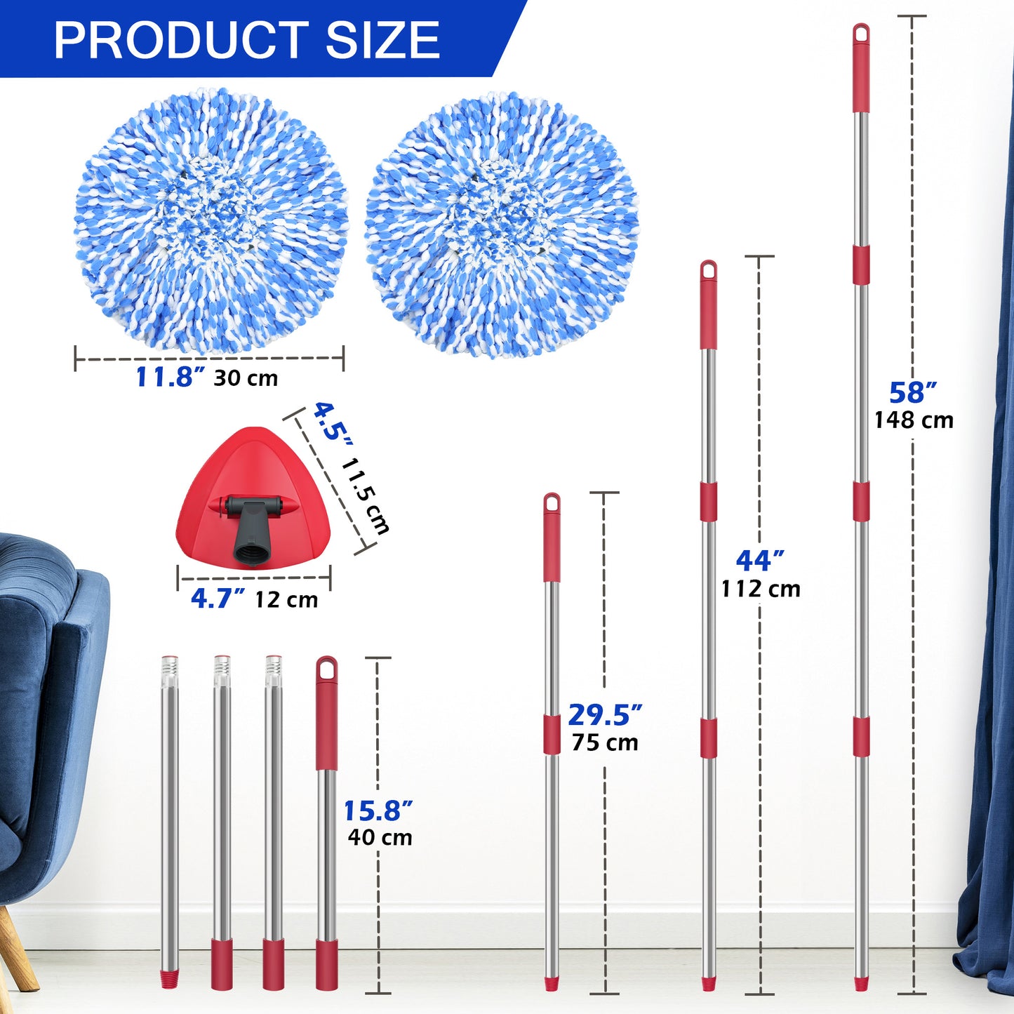 JEHONN Spin Mop Replacement Heads 2 Packs with 58 inches Long Handle and Triangle Base
