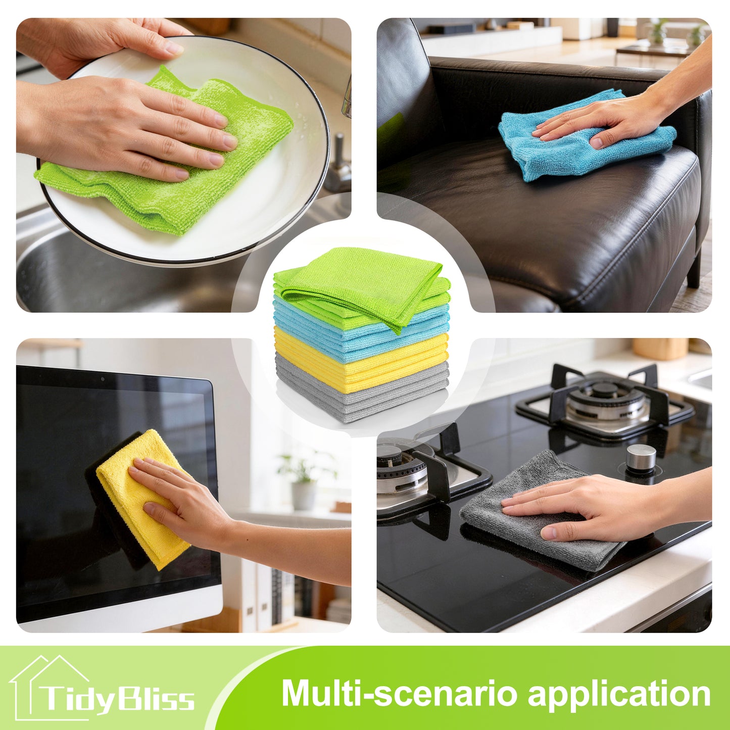 TidyBliss 24 Pack Microfiber Cleaning Cloths (Green/Blue/Yellow/Grey)