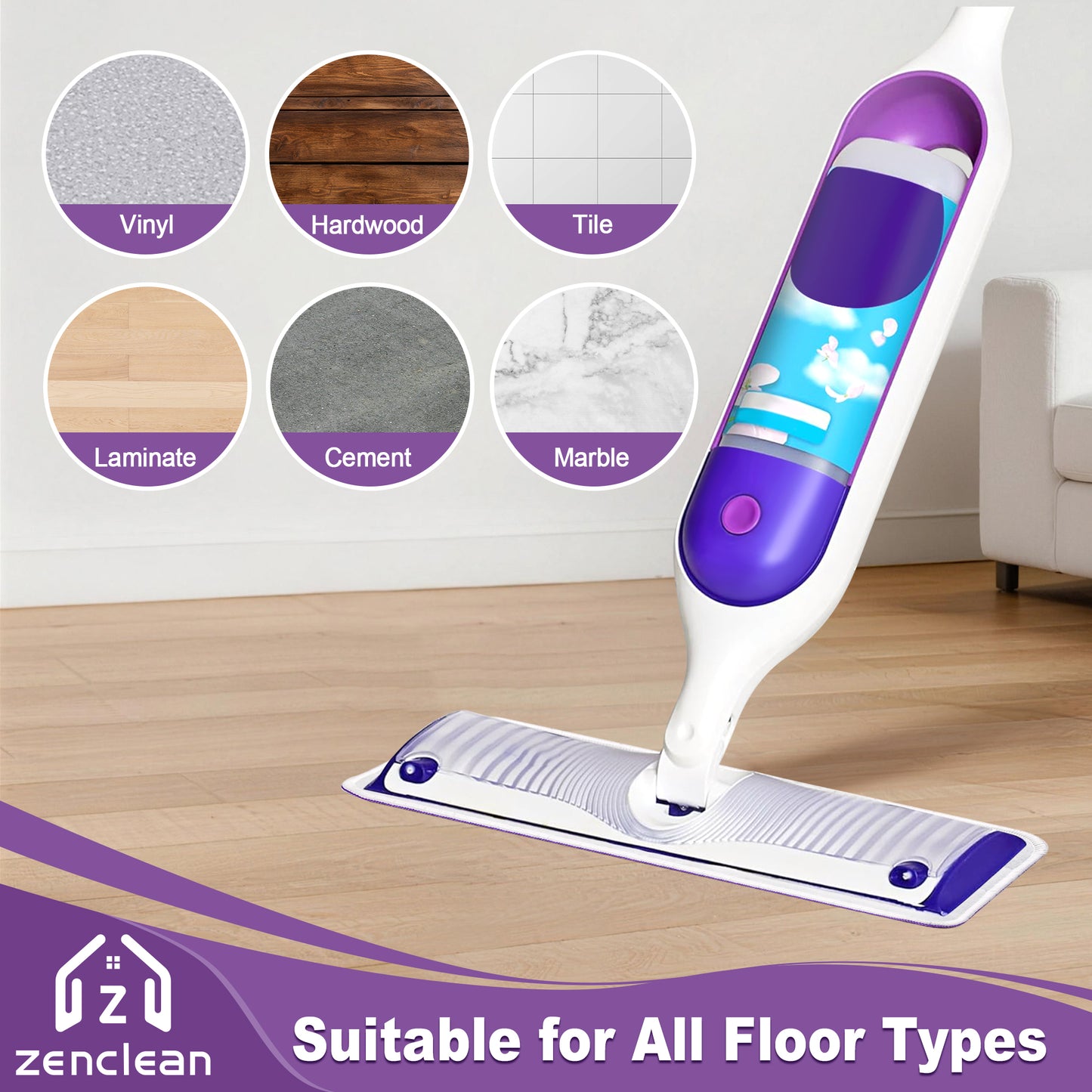 ZenClean Reusable Microfiber Mop Pads 4 Pack Compatible with Power Mop for Wet & Dry Floor Cleaning