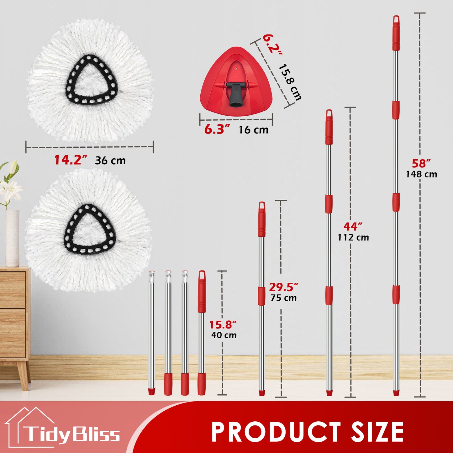 TidyBliss Spin Mop Replacement Heads 2 Pack with Triangle Base and 58 inches Long Handle for O-Cedaar EasyWring 1 Tank System