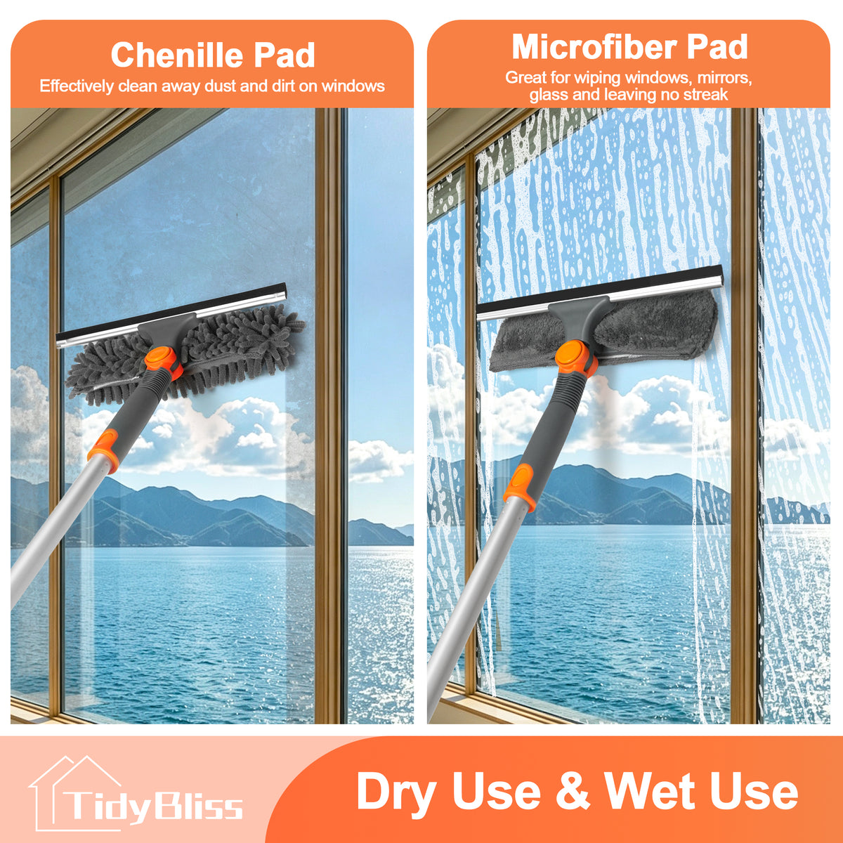 TidyBliss 2 in 1 Window Squeegee Cleaner Tool for Home (Orange)