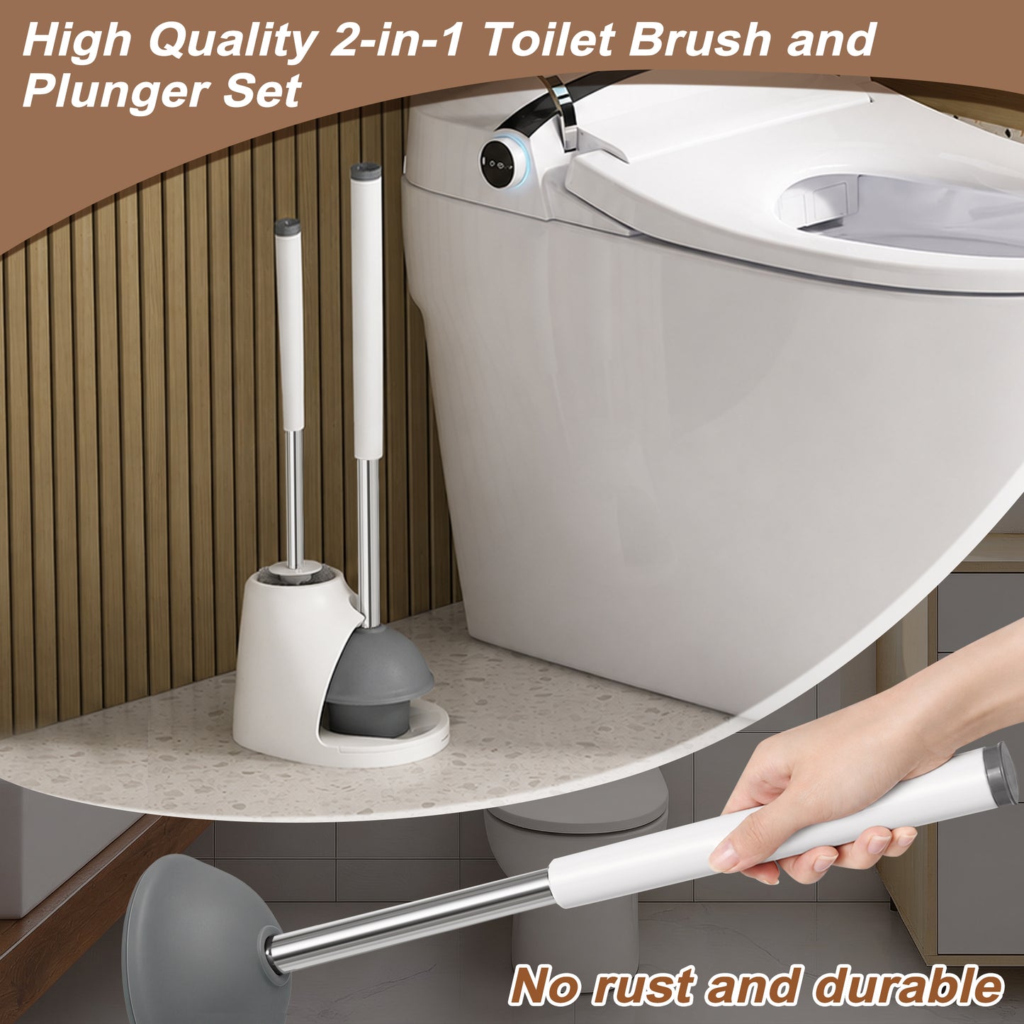JEHONN Toilet Plunger and Brush Set with Holder and Hidden Tweezer (White)