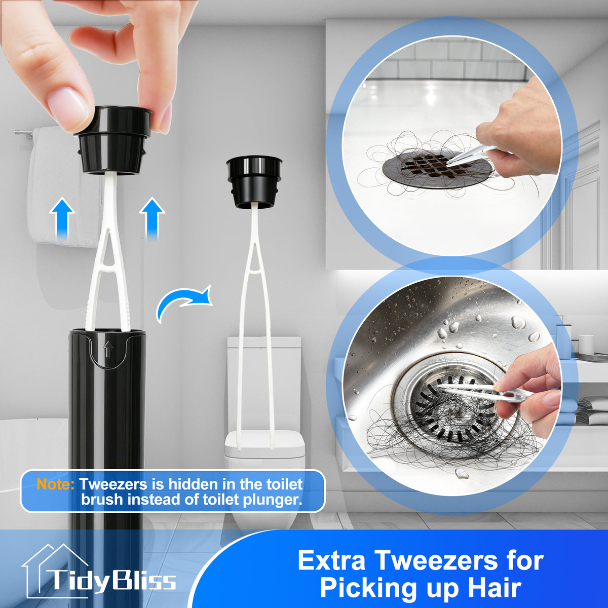 TidyBliss 2 Pack Toilet Brush and Plunger Set with Hidden Tweezers (Black)