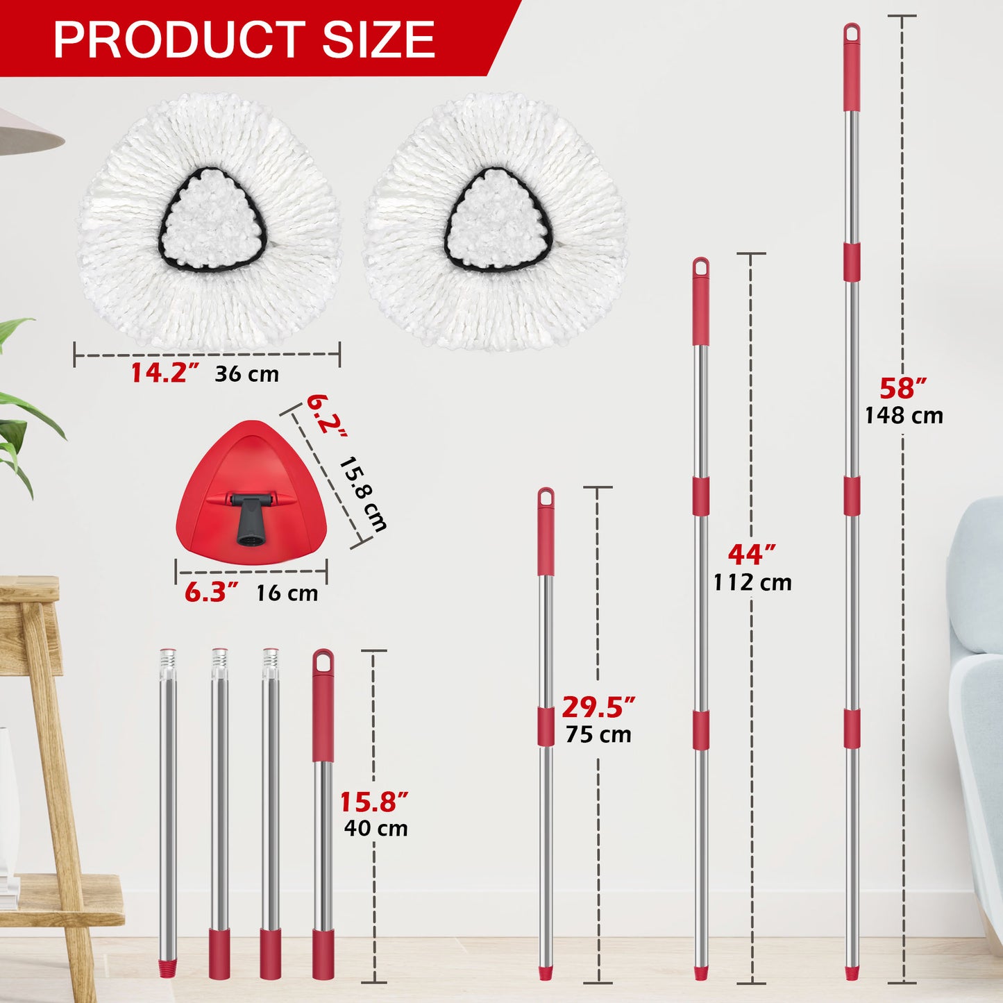 JEHONN Spin Mop Replacement Heads 2 Packs with Triangle Base and 58 inches Long Handle