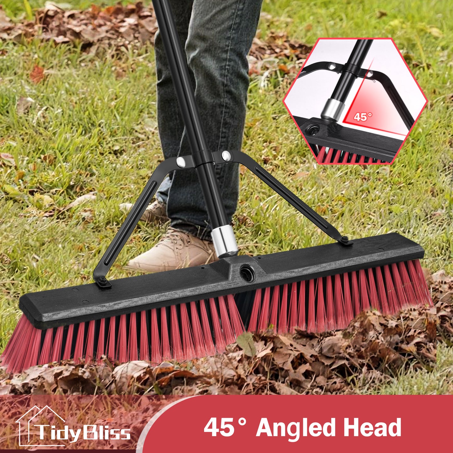 TidyBliss 24" Push Broom Outdoor Heavy Duty with 63 inches Long Handle (Red)