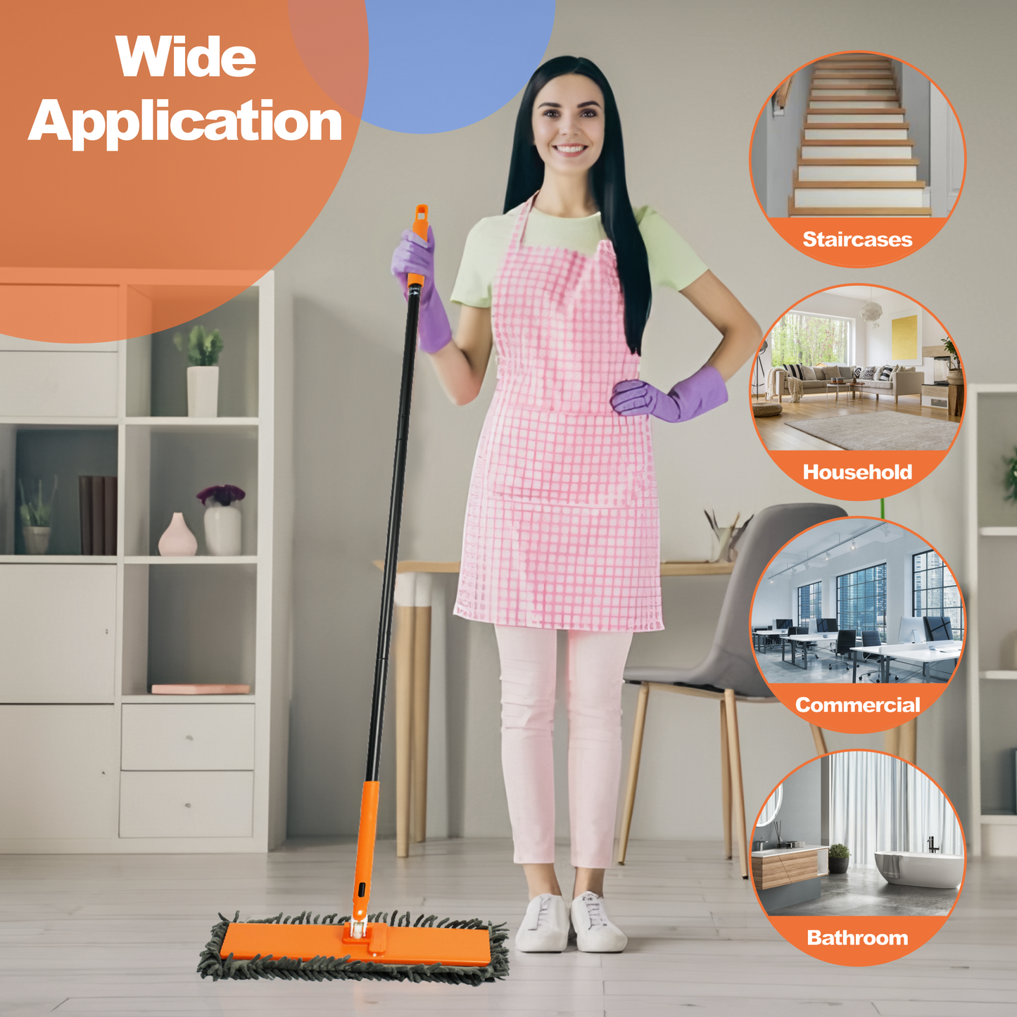 JEHONN Dust Mop for Hardwood Floors, Broom duster with Unique 90° Foldable Panel, 2 Chenille and 2 Microfiber Pads, Dry Wet Flat Dustmop for Cleaning Vinyl, Laminate, Tile, Marble (Orange)