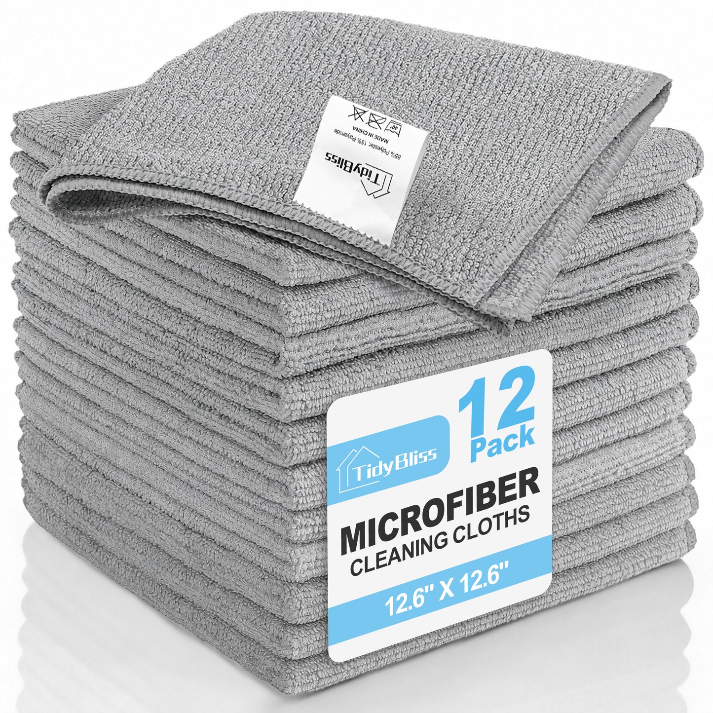 TidyBliss Microfiber Cleaning Cloths 12 Pack, Ultra Absorbent Lint-Free Towels (Grey)