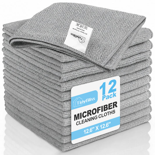TidyBliss Microfiber Cleaning Cloths 12 Pack, Ultra Absorbent Lint-Free Towels (Grey)