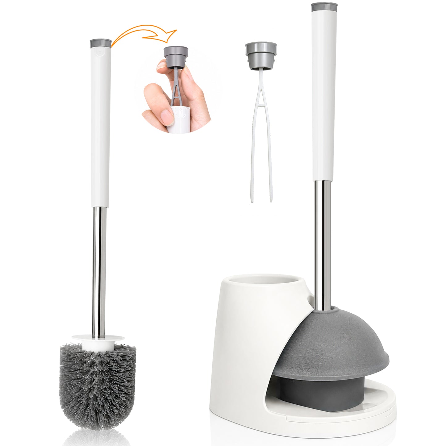 JEHONN Toilet Plunger and Brush Set with Holder and Hidden Tweezer (White)