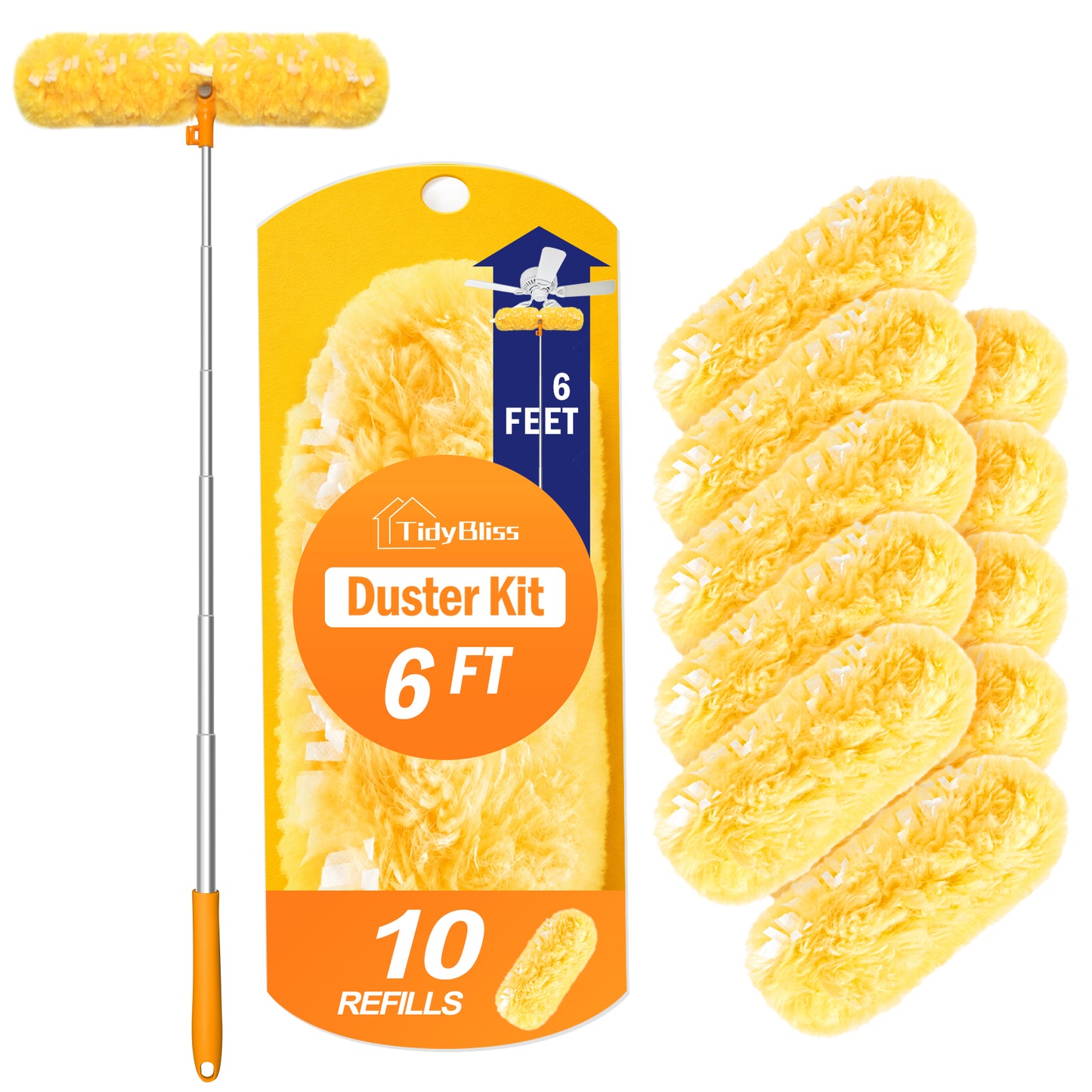 TidyBliss Dusters for Cleaning with Extension Pole 70 inches and 10 Refills (Orange)