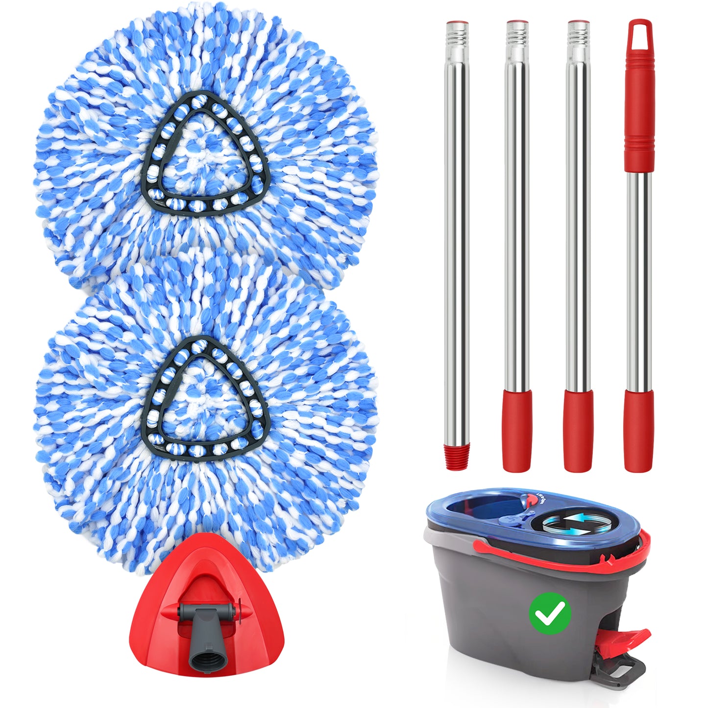 TidyBliss Spin Mop Replacement Heads 2 Pack with Triangle Base and 58 inches Long Handle for O-Cedaar RinseClean 2 Tank System