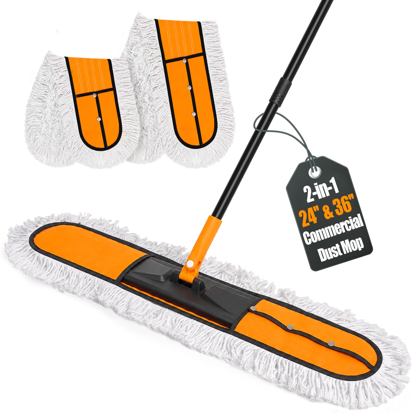 JEHONN 2-in-1 Commercial Dust Mop with 24" & 36" Microfiber Pads (Orange)