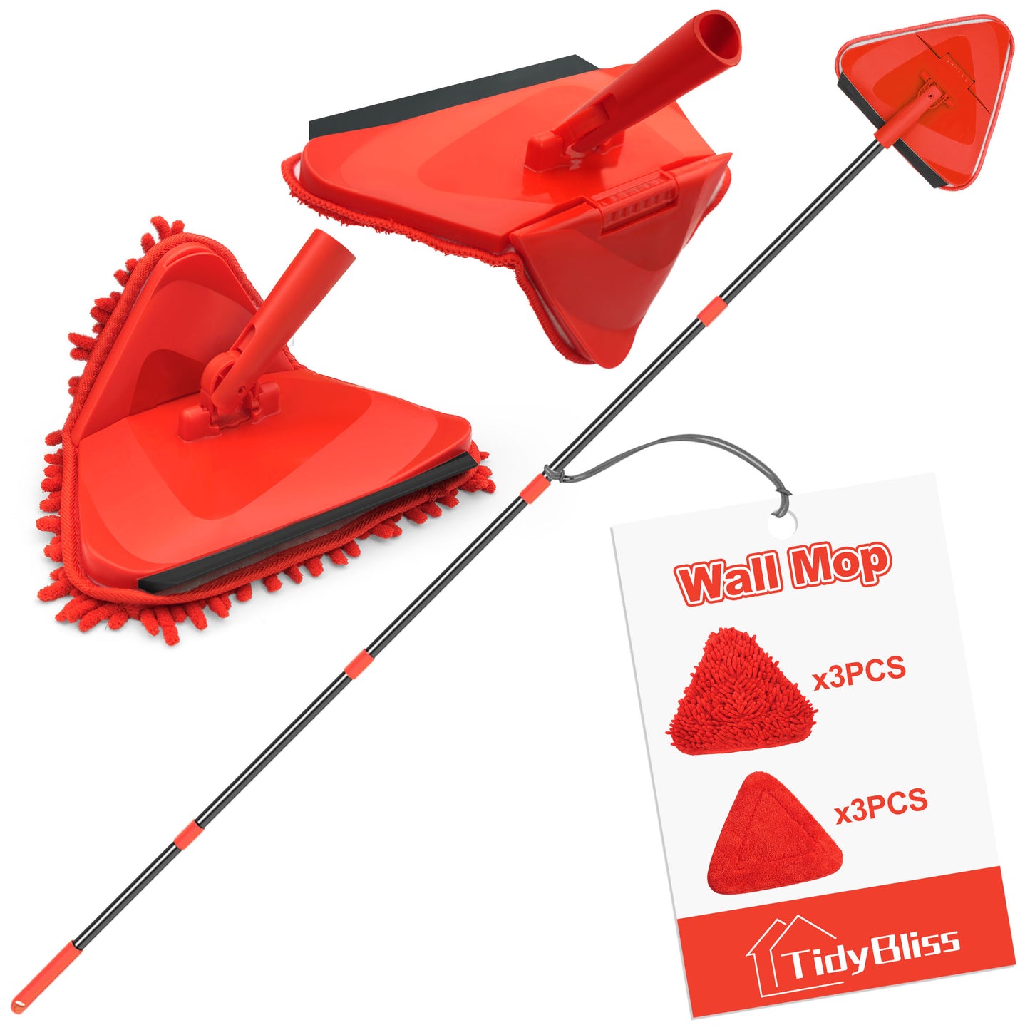 TidyBliss Wall Cleaning Mop with Long Handle 80” (Red)