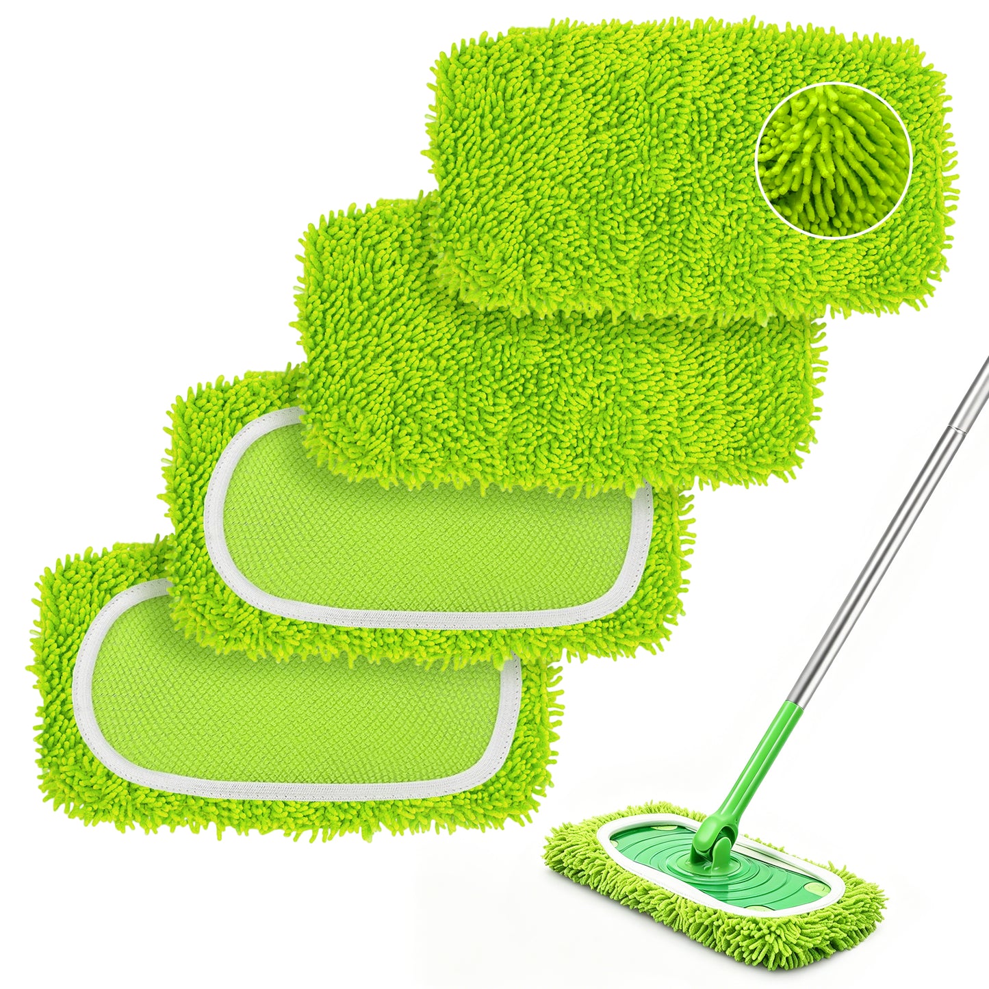 ZenClean Reusable Microfiber Mop Pads 4 Pack Compatible with SwifferSweeper Mop for Wet & Dry Floor Cleaning (Green)