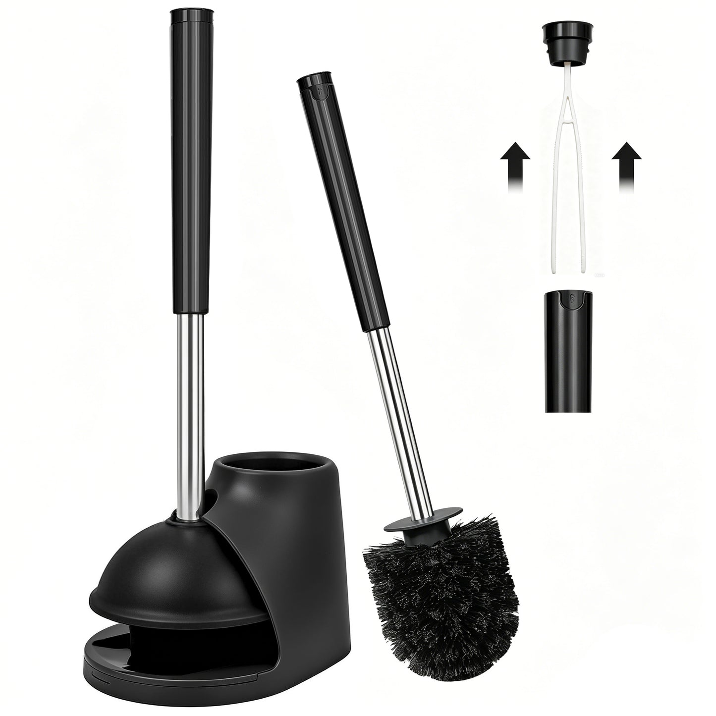 TidyBliss Toilet Brush and Plunger Set with Hidden Tweezers(Black)