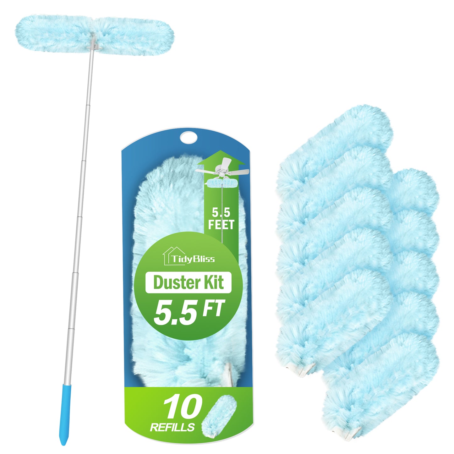 TidyBliss Dusters for Cleaning with Extension Pole 66 inches and 10 Refills for Swiiffer