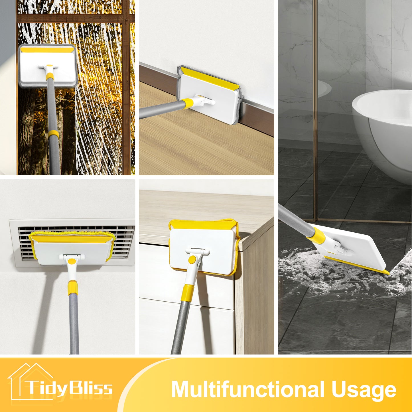 TidyBliss Baseboard Cleaner Tool, Wall Mop with 55.9" Long Handle (Yellow)