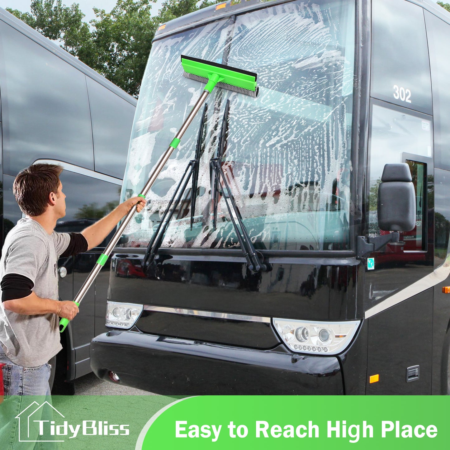 TidyBliss Window Squeegee for Home with Extension Pole 56" (Green)