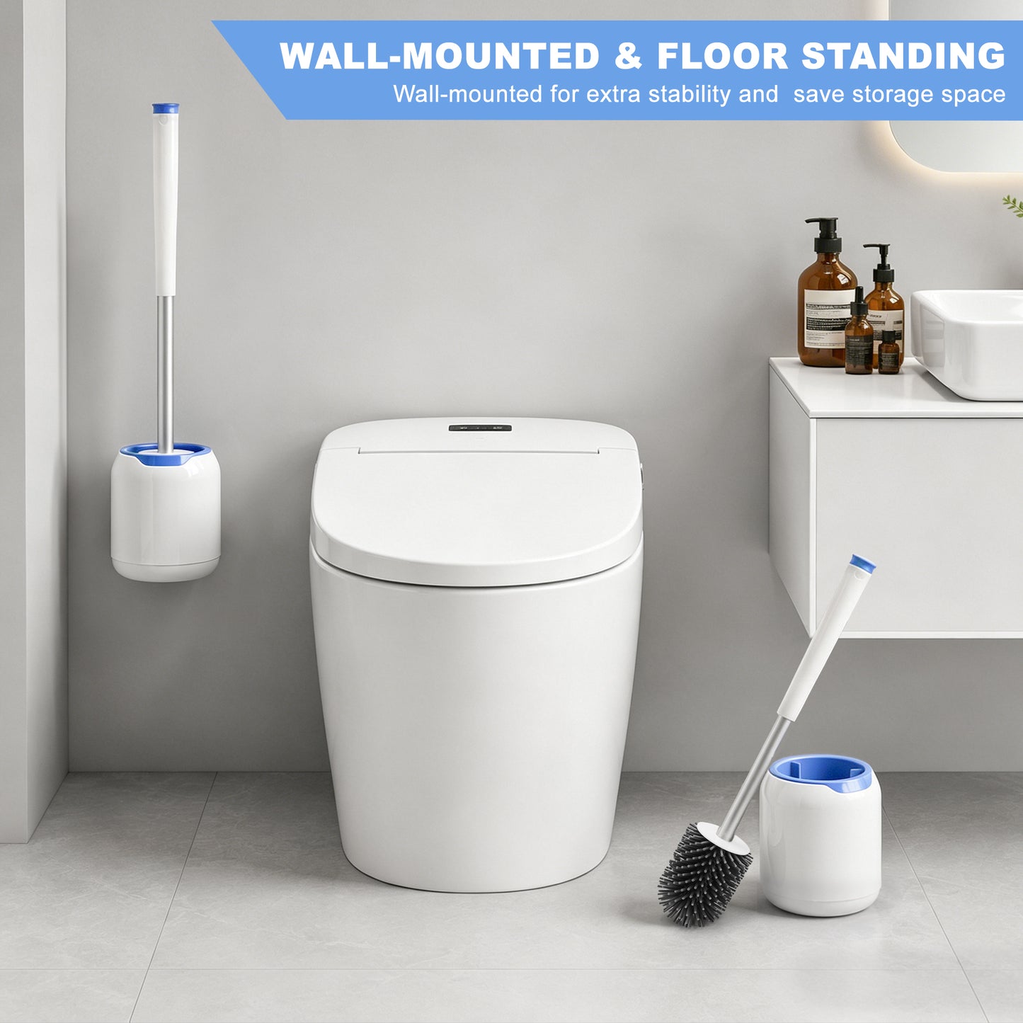 NEWE Silicone Toilet Brush with Holder Set, Aluminum Handle, Built-in Tweezers (White)