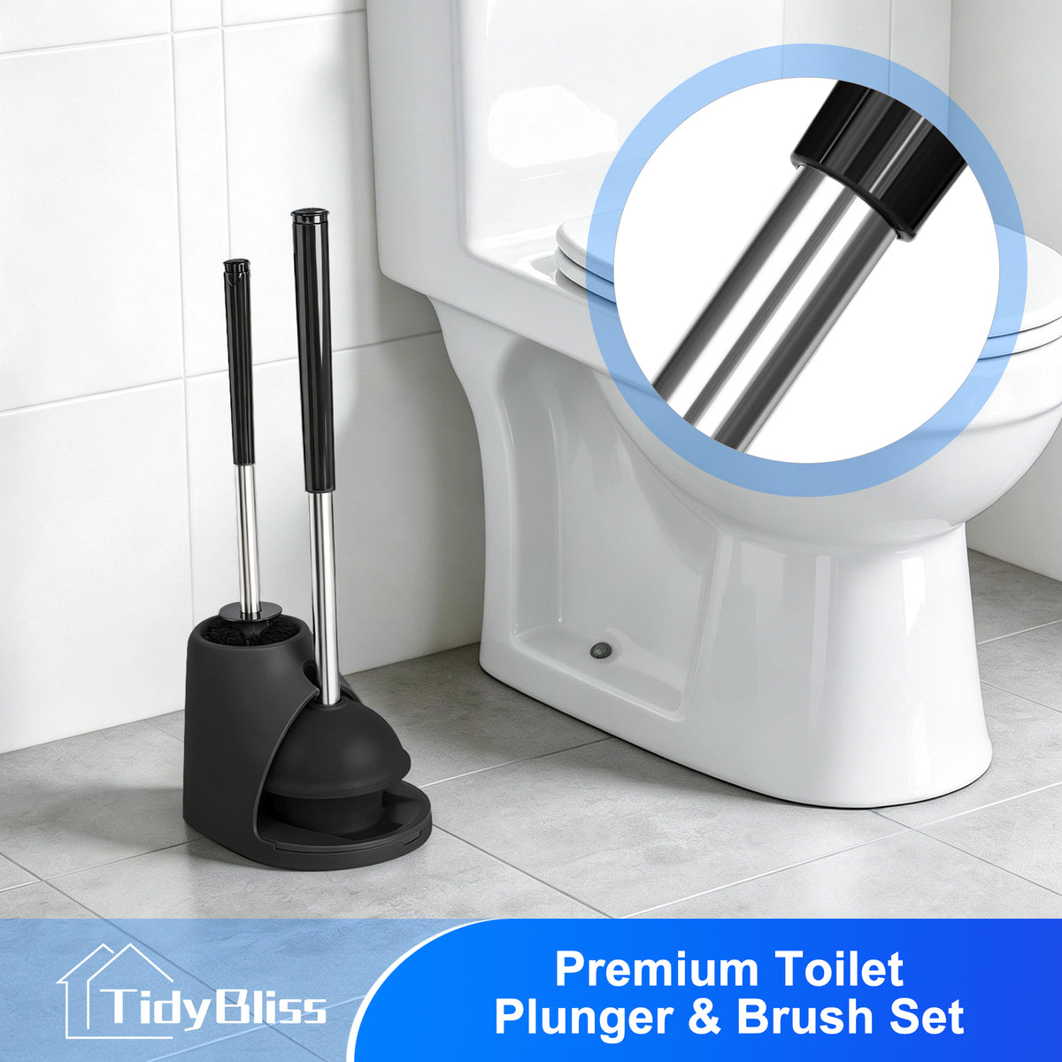 TidyBliss 2 Pack Toilet Brush and Plunger Set with Hidden Tweezers (Black)