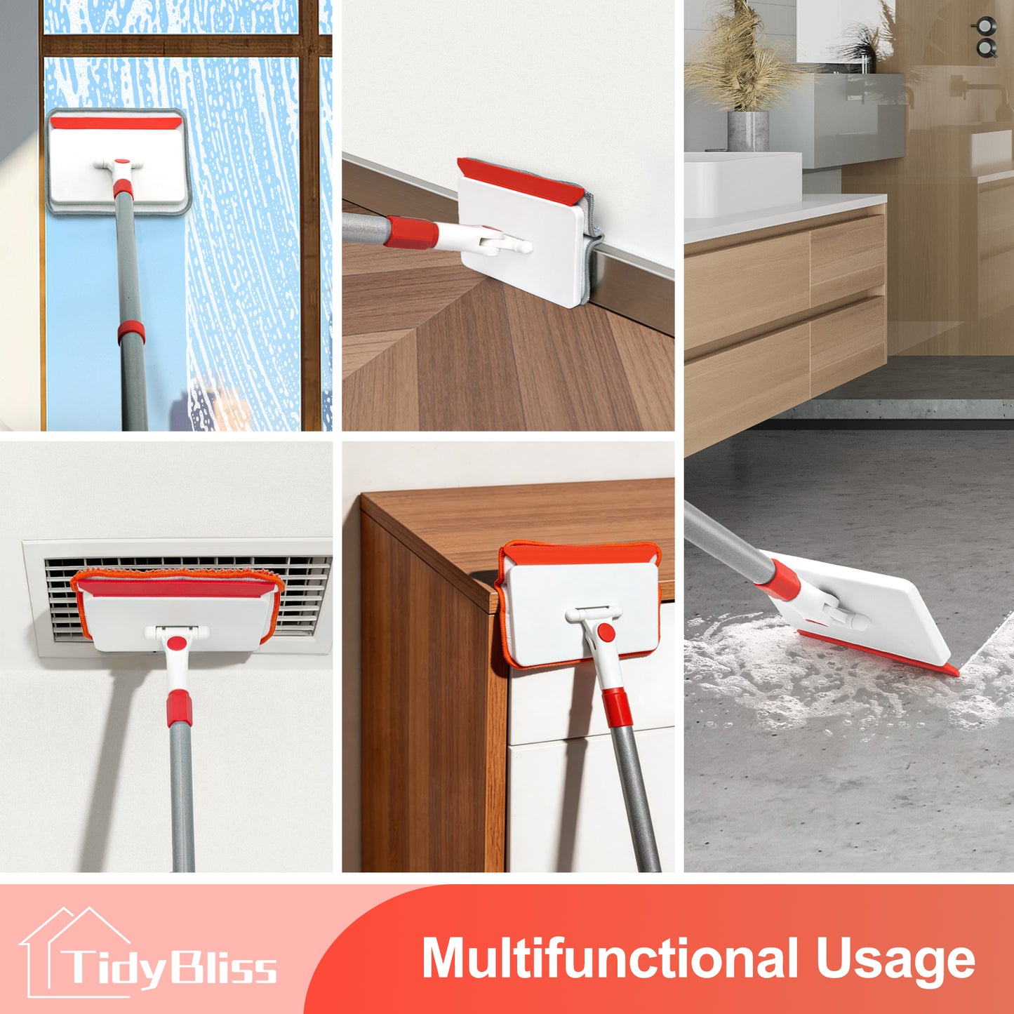 TidyBliss Baseboard Cleaner Tool, Wall Mop with 55.9" Long Handle (Red)