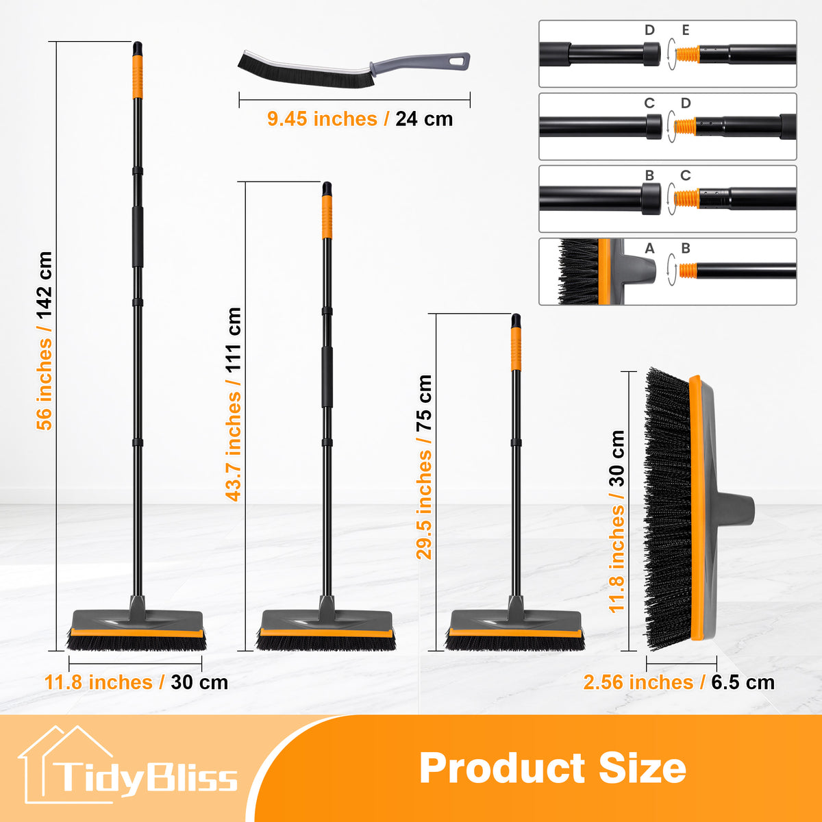 TidyBliss Floor Scrub Brush with 56” Long Handle & Crevice Brush (Orange)