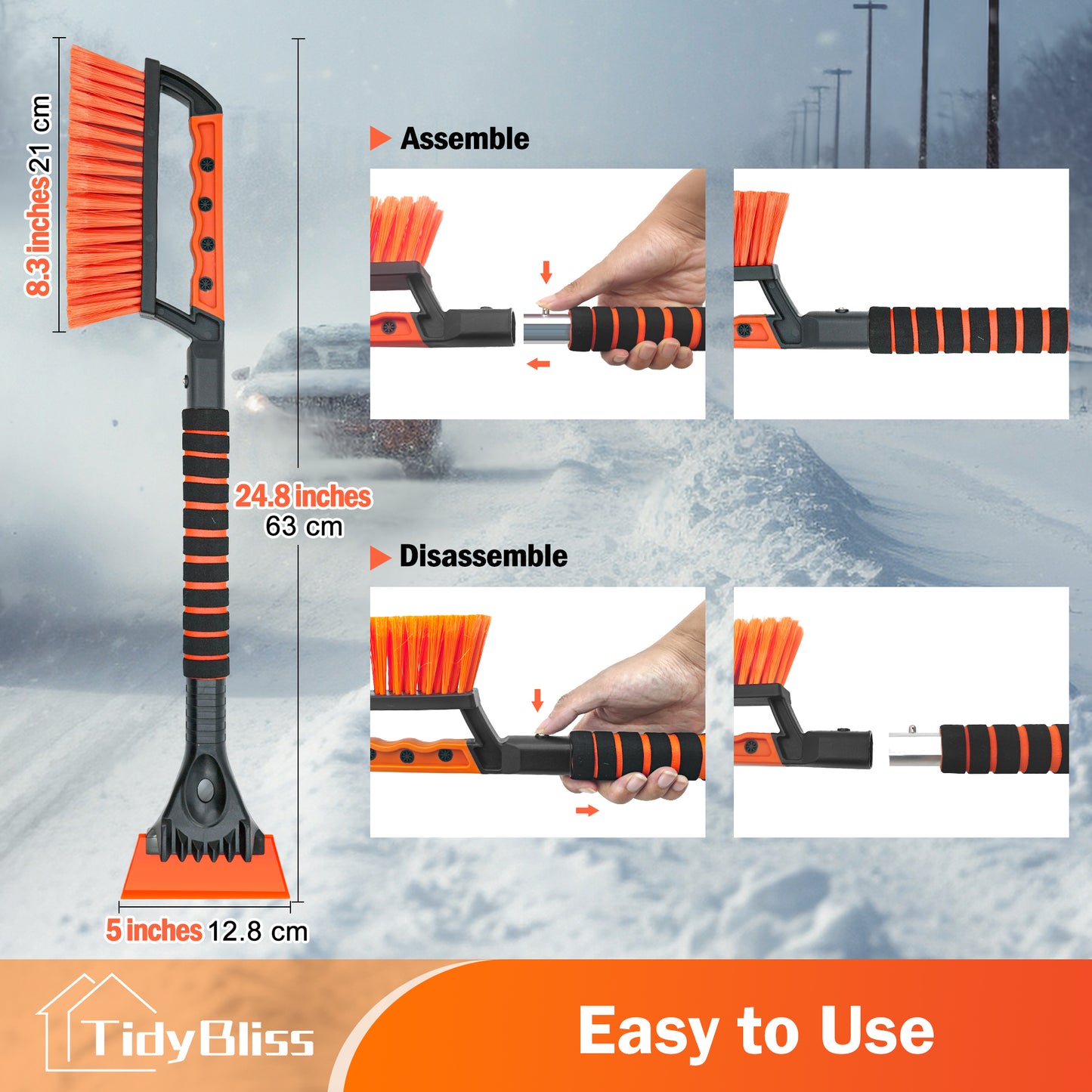 TidyBliss Ice Scraper and Snow Brush for Car Windshield (Orange)