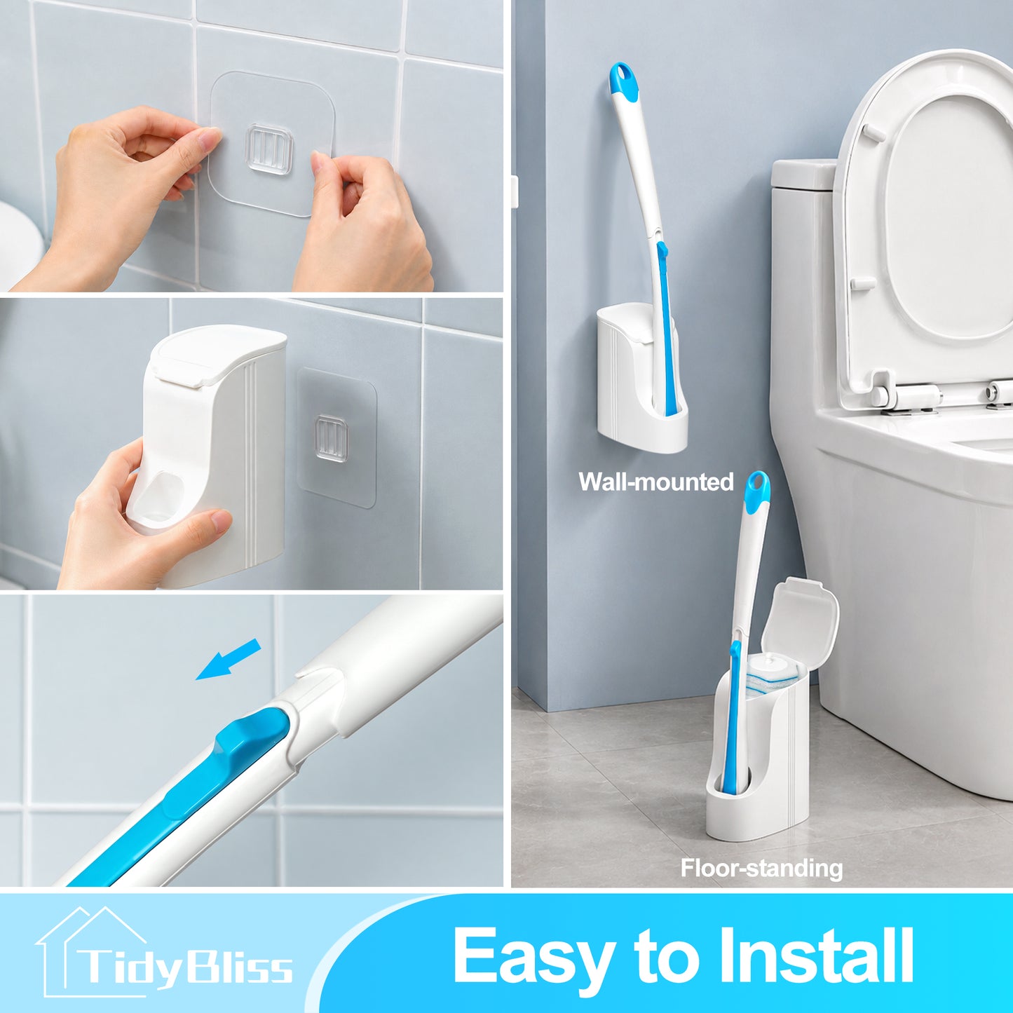 TidyBliss Disposable Toilet Brush and Holder Set with 48 Cleaner Refills (Blue)