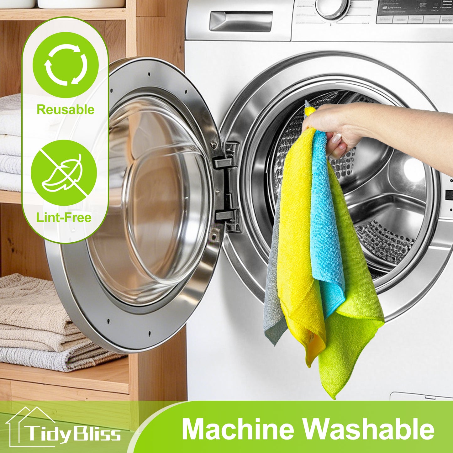 TidyBliss Microfiber Cleaning Cloth 12 Pack (Green/Blue/Yellow/Grey)