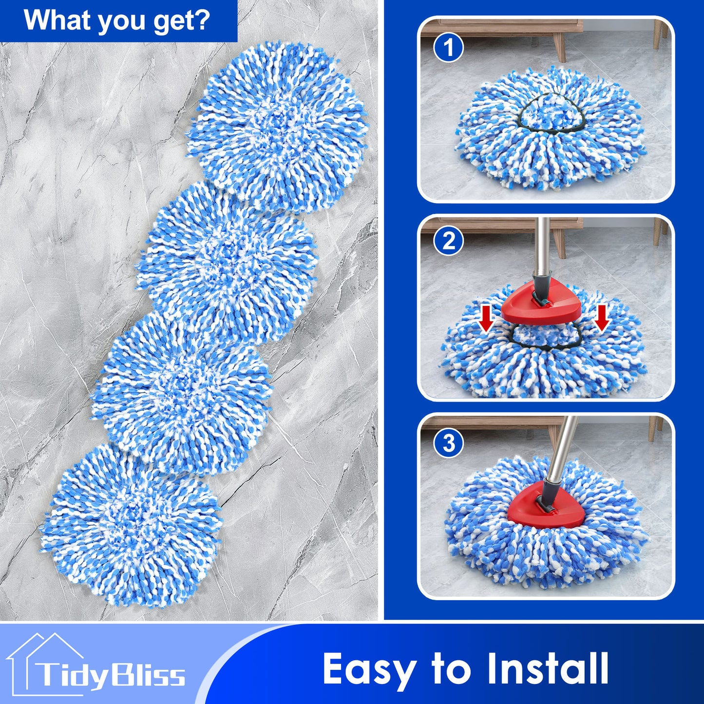 TidyBliss Spin Mop Replace Head 4 Pack for RinseClean 2 Tank System