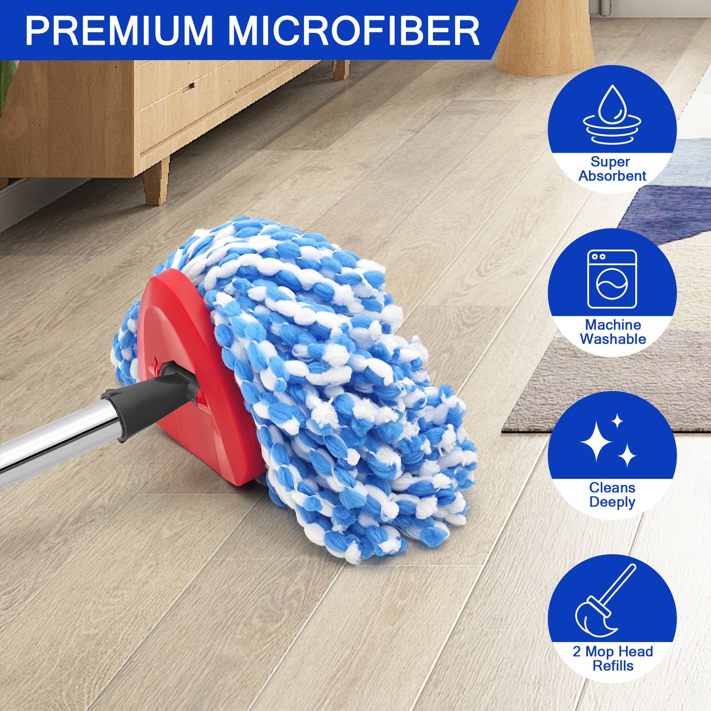 JEHONN Spin Mop Replacement Heads 2 Packs with 58 inches Long Handle and Triangle Base