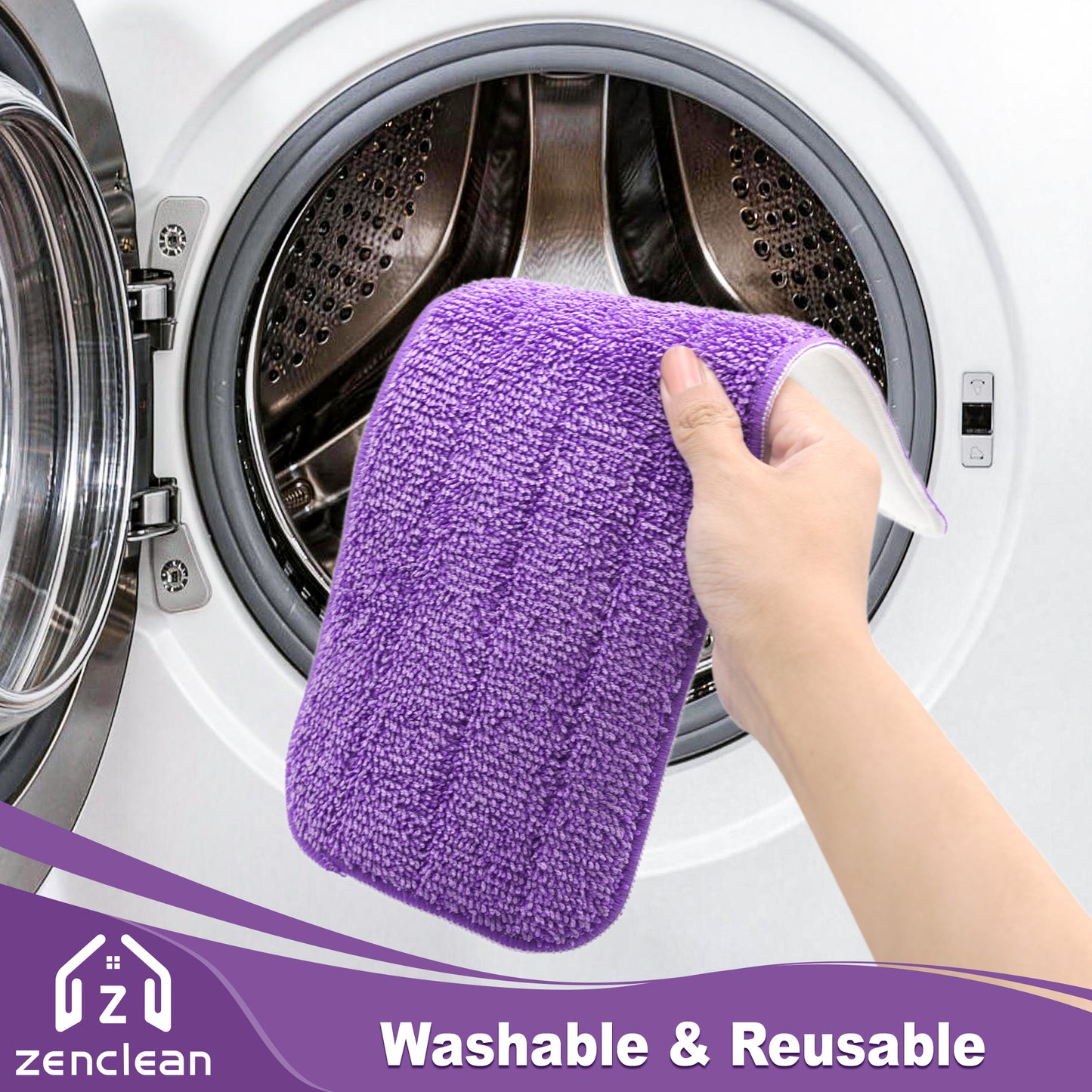 ZenClean Reusable Microfiber Mop Pads 4 Pack Compatible with Power Mop for Wet & Dry Floor Cleaning